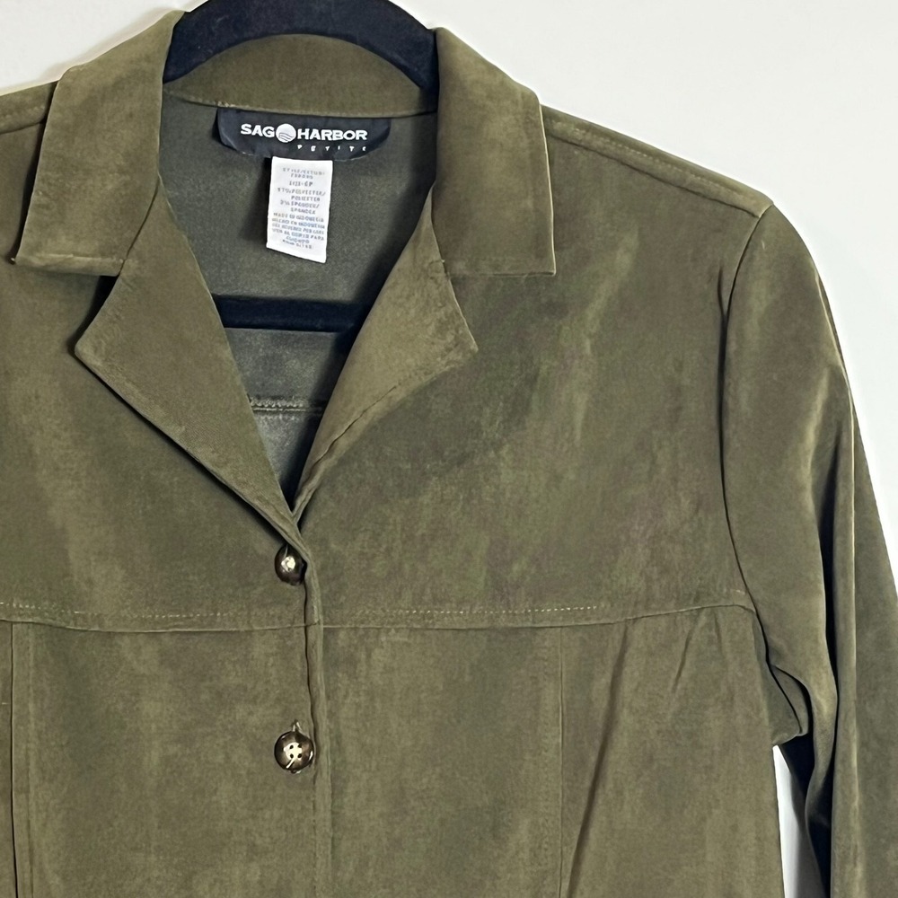 Sag Harbor Petite Olive Green Faux Suede Button Front Shirt‎ Jacket Size 6P Top